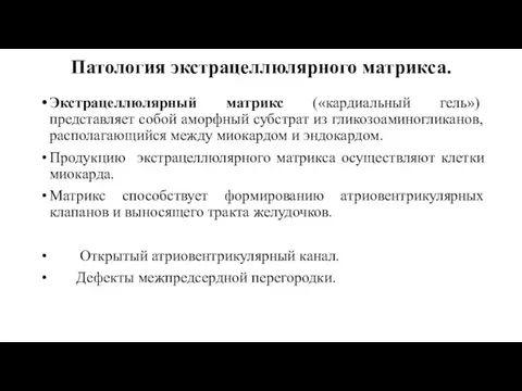 Патология экстрацеллюлярного матрикса. Экстрацеллюлярный матрикс («кардиальный гель») представляет собой аморфный субстрат из