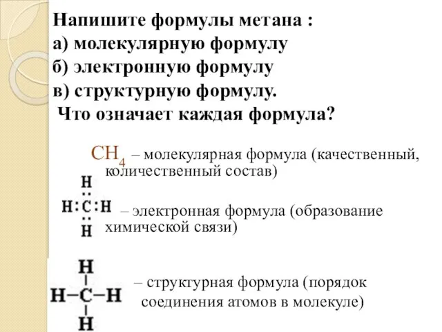 Напишите формулы метана : а) молекулярную формулу б) электронную формулу в) структурную