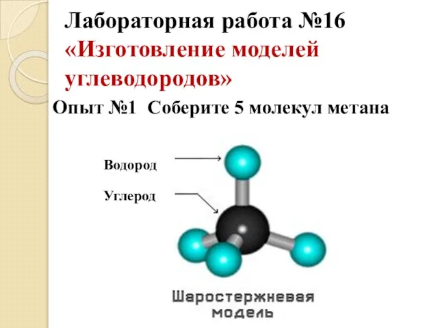 Лабораторная работа №16 «Изготовление моделей углеводородов» Опыт №1 Соберите 5 молекул метана Углерод Водород