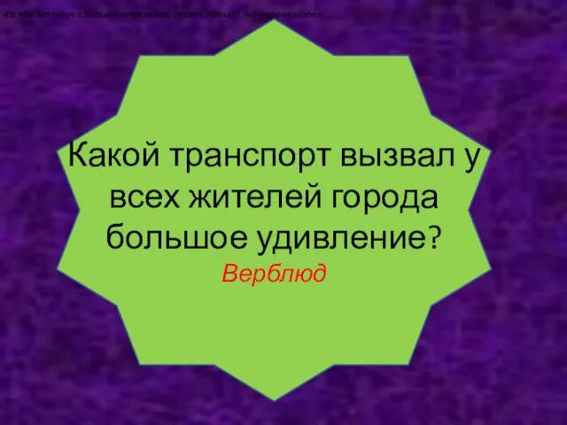 Какой транспорт вызвал у всех жителей города большое удивление? Верблюд На чём