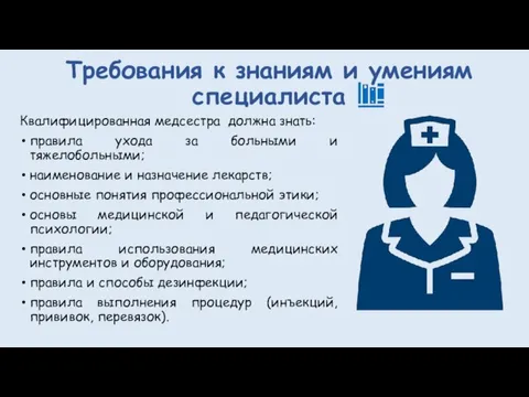 Требования к знаниям и умениям специалиста Квалифицированная медсестра должна знать: правила ухода