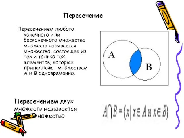 Пересечение Пересечением любого конечного или бесконечного множества множеств называется множество, состоящее из