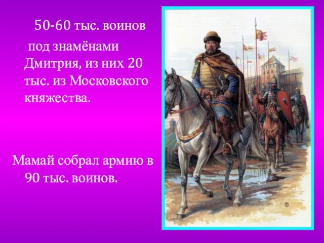 50-60 тыс. воинов под знамёнами Дмитрия, из них 20 тыс. из Московского