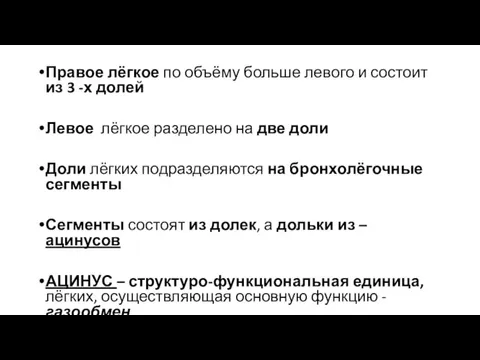 Правое лёгкое по объёму больше левого и состоит из 3 -х долей