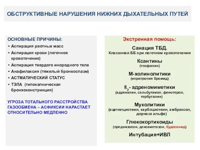 ОБСТРУКТИВНЫЕ НАРУШЕНИЯ НИЖНИХ ДЫХАТЕЛЬНЫХ ПУТЕЙ ОСНОВНЫЕ ПРИЧИНЫ: Аспирация рвотных масс Аспирация крови