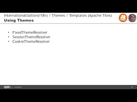 Internationalization(i18n) / Themes / Templates (Apache Tiles) Using Themes FixedThemeResolver SessionThemeResolver CookieThemeResolver