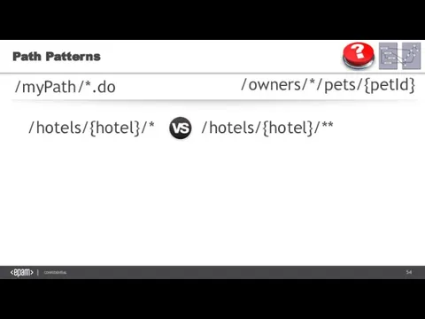 Path Patterns /myPath/*.do /owners/*/pets/{petId} /hotels/{hotel}/* /hotels/{hotel}/**