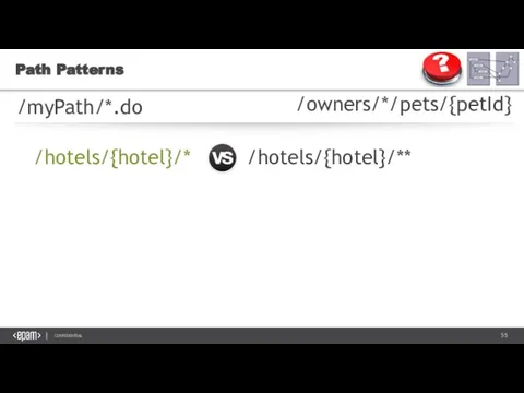 Path Patterns /myPath/*.do /owners/*/pets/{petId} /hotels/{hotel}/* /hotels/{hotel}/**