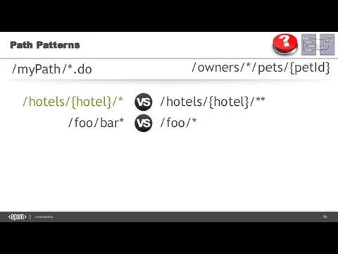 Path Patterns /myPath/*.do /owners/*/pets/{petId} /hotels/{hotel}/* /hotels/{hotel}/** /foo/bar* /foo/*