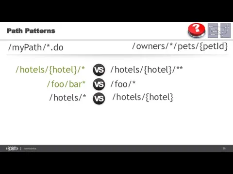 Path Patterns /myPath/*.do /owners/*/pets/{petId} /hotels/{hotel}/* /hotels/{hotel}/** /foo/bar* /foo/* /hotels/{hotel} /hotels/*