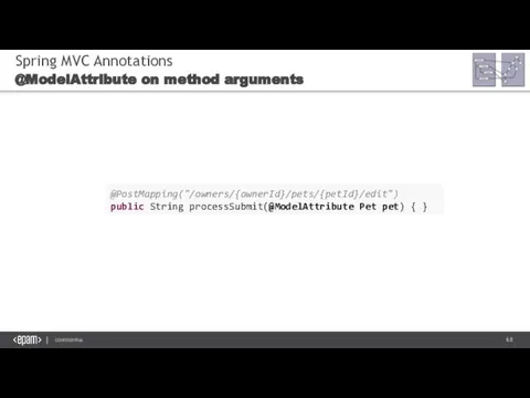 Spring MVC Annotations @ModelAttribute on method arguments @PostMapping("/owners/{ownerId}/pets/{petId}/edit") public String processSubmit(@ModelAttribute Pet pet) { }