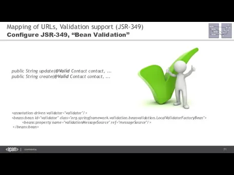 Mapping of URLs, Validation support (JSR-349) Configure JSR-349, “Bean Validation” public String