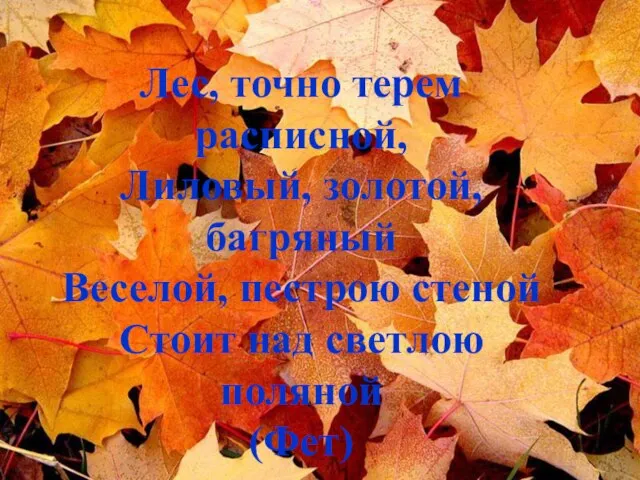 Лес, точно терем расписной, Лиловый, золотой, багряный Веселой, пестрою стеной Стоит над светлою поляной (Фет)