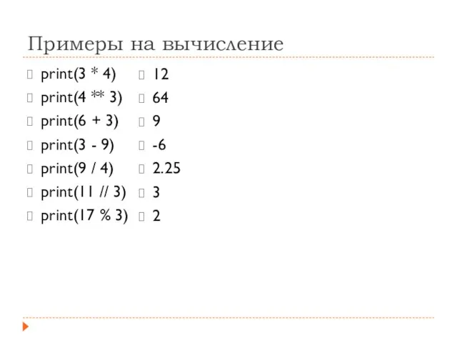 Примеры на вычисление print(3 * 4) print(4 ** 3) print(6 + 3)