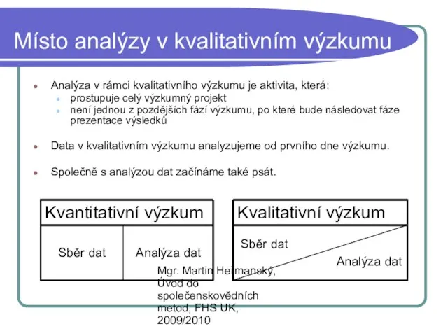 Mgr. Martin Heřmanský, Úvod do společenskovědních metod, FHS UK, 2009/2010 Místo analýzy