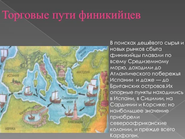 Торговые пути финикийцев В поисках дешёвого сырья и новых рынков сбыта финикийцы