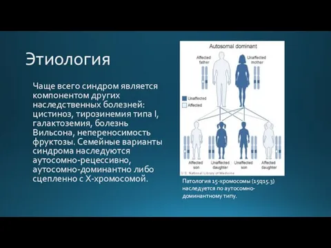 Этиология Чаще всего синдром является компонентом других наследственных болезней: цистиноз, тирозинемия типа