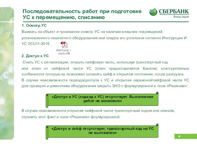 Последовательность работ при подготовке УС к перемещению, списанию 1. Осмотр УС Выехать