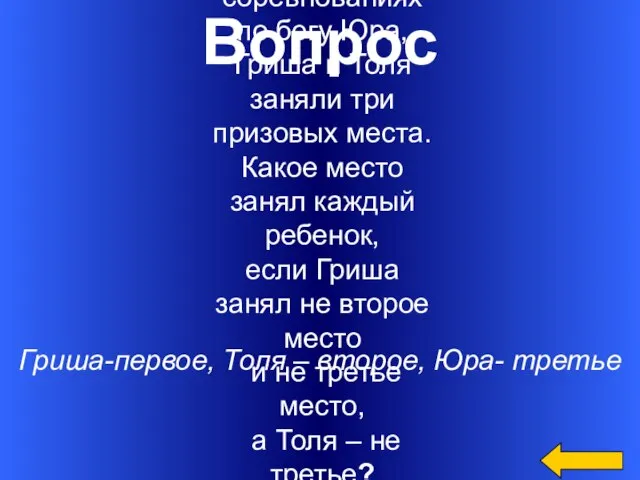 Вопрос Гриша-первое, Толя – второе, Юра- третье В соревнованиях по бегу Юра,