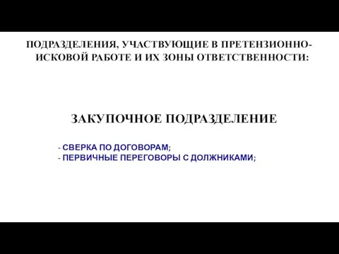 ПОДРАЗДЕЛЕНИЯ, УЧАСТВУЮЩИЕ В ПРЕТЕНЗИОННО-ИСКОВОЙ РАБОТЕ И ИХ ЗОНЫ ОТВЕТСТВЕННОСТИ: ЗАКУПОЧНОЕ ПОДРАЗДЕЛЕНИЕ -