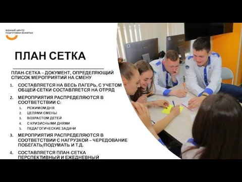 ПЛАН СЕТКА ПЛАН-СЕТКА – ДОКУМЕНТ, ОПРЕДЕЛЯЮЩИЙ СПИСОК МЕРОПРИЯТИЙ НА СМЕНУ СОСТАВЛЯЕТСЯ НА