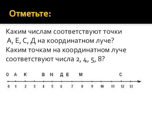 Отметьте: Каким числам соответствуют точки А, Е, С, Д на координатном луче?