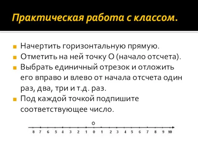 Практическая работа с классом. Начертить горизонтальную прямую. Отметить на ней точку О