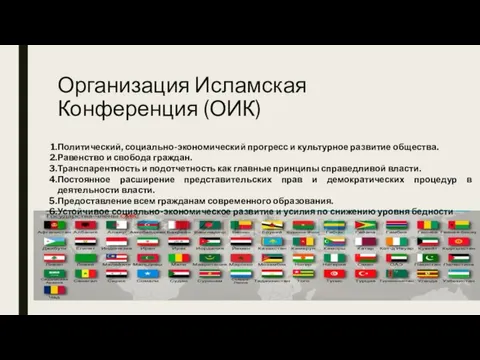 Организация Исламская Конференция (ОИК) Политический, социально-экономический прогресс и культурное развитие общества. Равенство