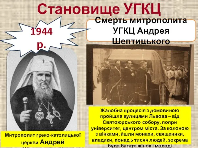 Становище УГКЦ Смерть митрополита УГКЦ Андрея Шептицького 1944 р. Митрополит греко-католицької церкви