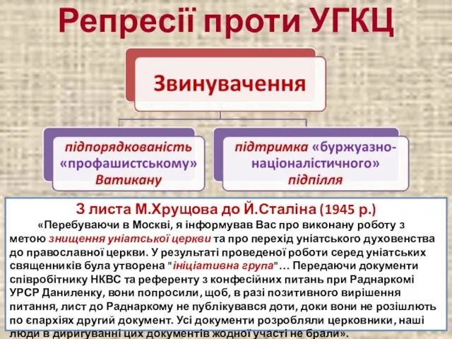 Репресії проти УГКЦ З листа М.Хрущова до Й.Сталіна (1945 р.) «Перебуваючи в