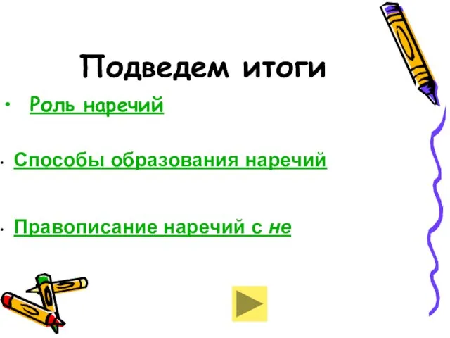 Подведем итоги Роль наречий Способы образования наречий Правописание наречий с не