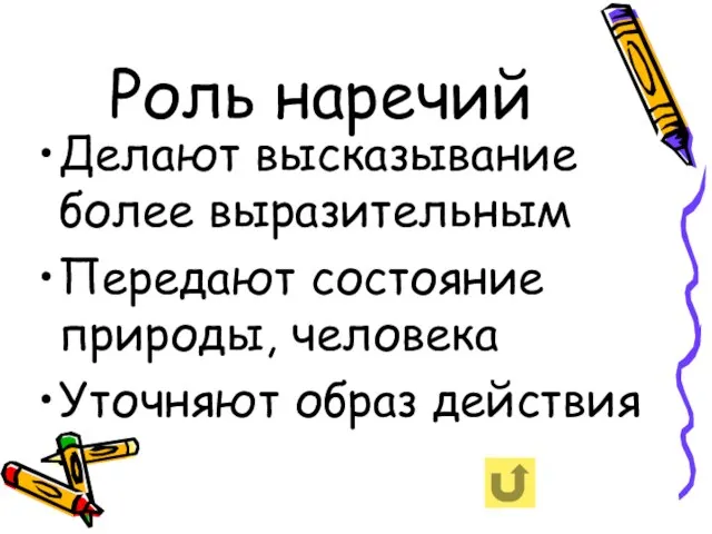 Роль наречий Делают высказывание более выразительным Передают состояние природы, человека Уточняют образ действия