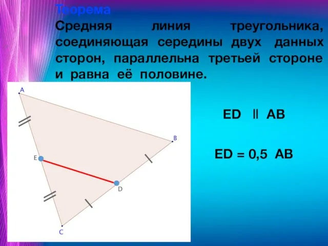 Теорема Средняя линия треугольника, соединяющая середины двух данных сторон, параллельна третьей стороне