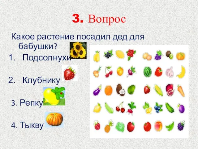 3. Вопрос Какое растение посадил дед для бабушки? Подсолнухи Клубнику 3. Репку 4. Тыкву