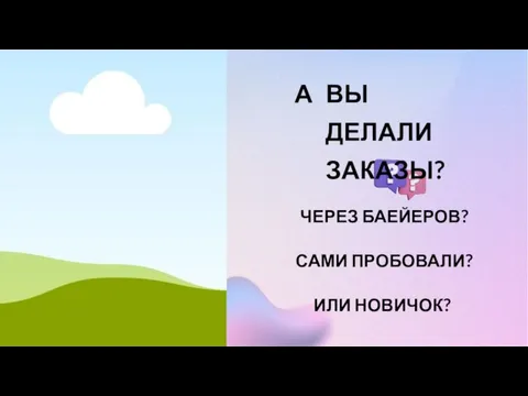 А ВЫ ДЕЛАЛИ ЗАКАЗЫ? ЧЕРЕЗ БАЕЙЕРОВ? САМИ ПРОБОВАЛИ? ИЛИ НОВИЧОК?