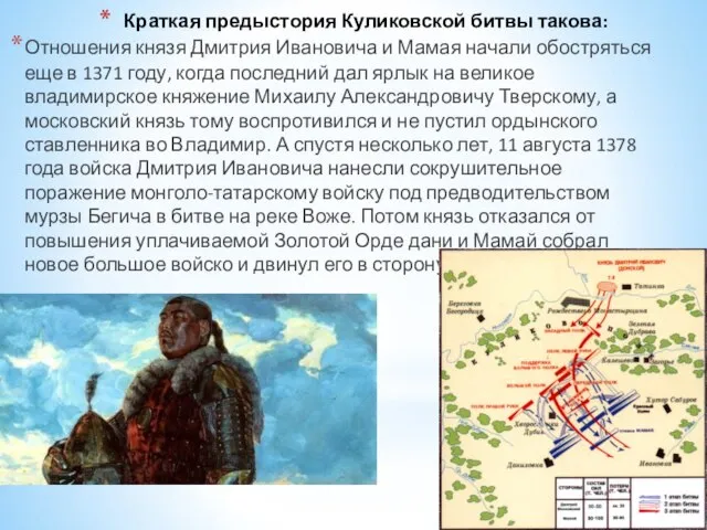 Краткая предыстория Куликовской битвы такова: Отношения князя Дмитрия Ивановича и Мамая начали