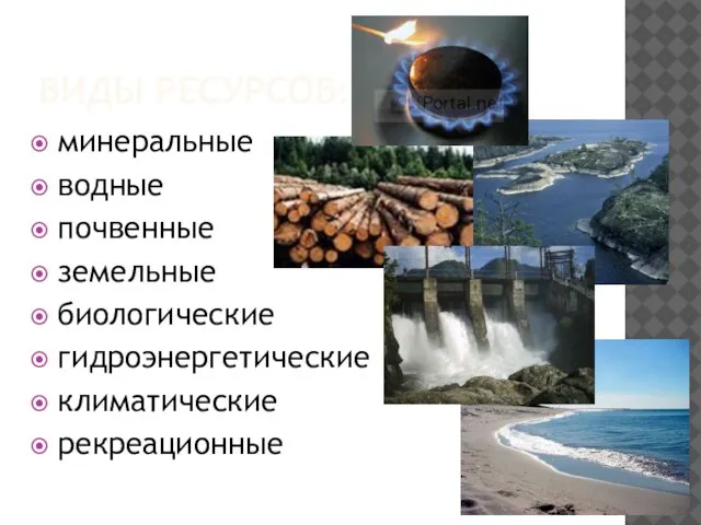 ВИДЫ РЕСУРСОВ: минеральные водные почвенные земельные биологические гидроэнергетические климатические рекреационные