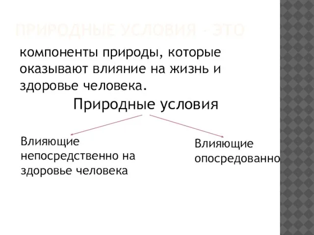 ПРИРОДНЫЕ УСЛОВИЯ - ЭТО компоненты природы, которые оказывают влияние на жизнь и