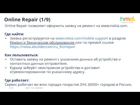 Online Repair (1/9) Online Repair позволяет оформить заявку на ремонт на www.nokia.com.