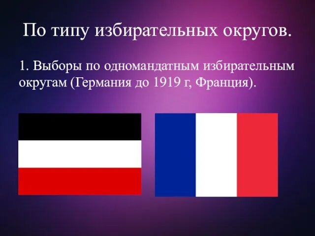 По типу избирательных округов. 1. Выборы по одномандатным избирательным округам (Германия до 1919 г, Франция).