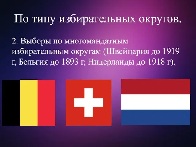 По типу избирательных округов. 2. Выборы по многомандатным избирательным округам (Швейцария до