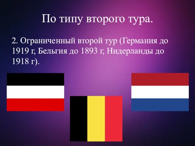 По типу второго тура. 2. Ограниченный второй тур (Германия до 1919 г,