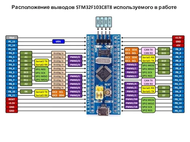 Расположение выводов STM32F103C8T8 используемого в работе