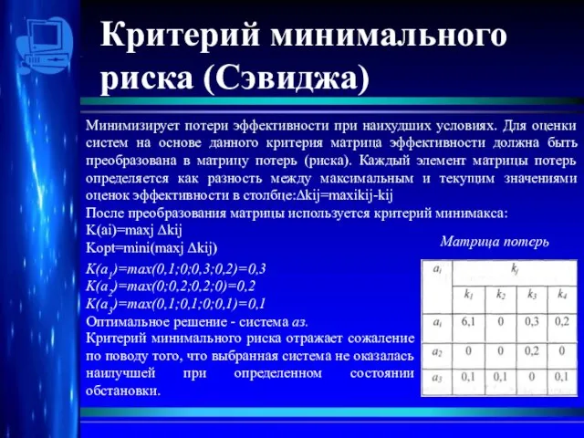 Критерий минимального риска (Сэвиджа) Минимизирует потери эффективности при наихудших условиях. Для оценки