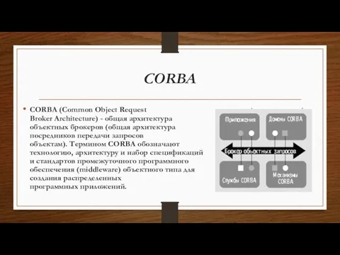 CORBA CORBA (Common Object Request Broker Architecture) - общая архитектура объектных брокеров
