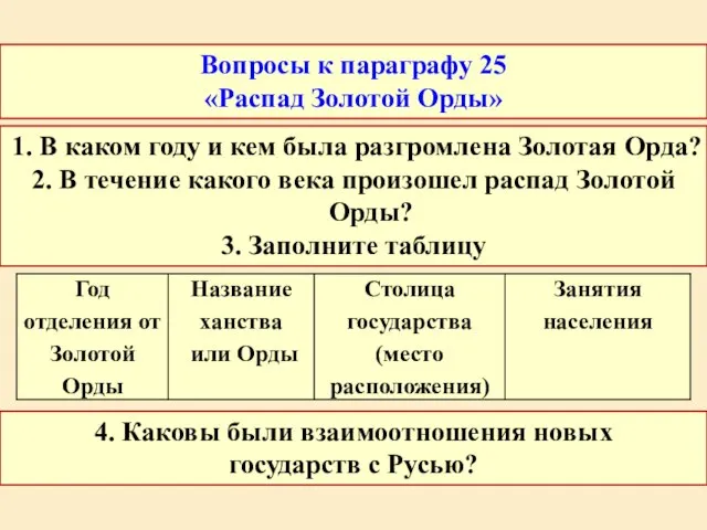 Вопросы к параграфу 25 «Распад Золотой Орды» 1. В каком году и