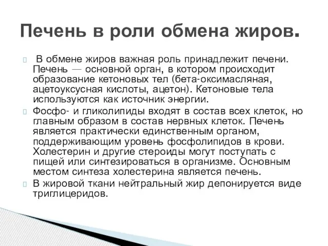 В обмене жиров важная роль принадлежит печени. Печень — основной орган, в