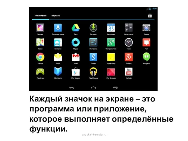 azbukainterneta.ru Каждый значок на экране – это программа или приложение, которое выполняет определённые функции.