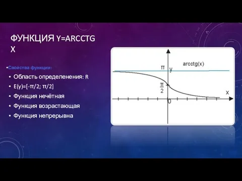 ФУНКЦИЯ Y=ARCCTG X Свойства функции: Область определенения: R E(y)=[-π/2; π/2] Функция нечётная Функция возрастающая Функция непрерывна