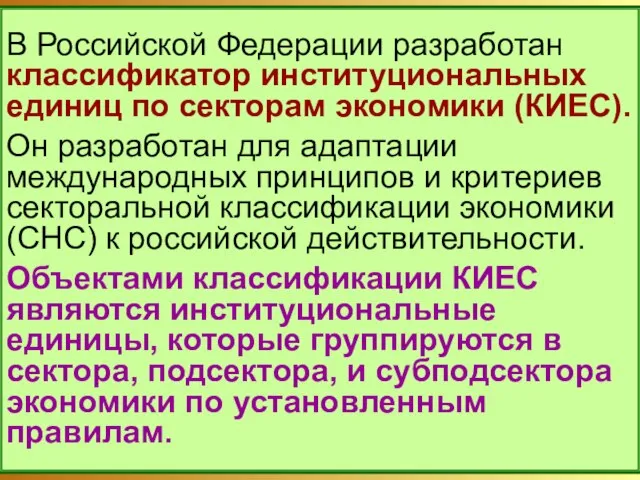 В Российской Федерации разработан классификатор институциональных единиц по секторам экономики (КИЕС). Он